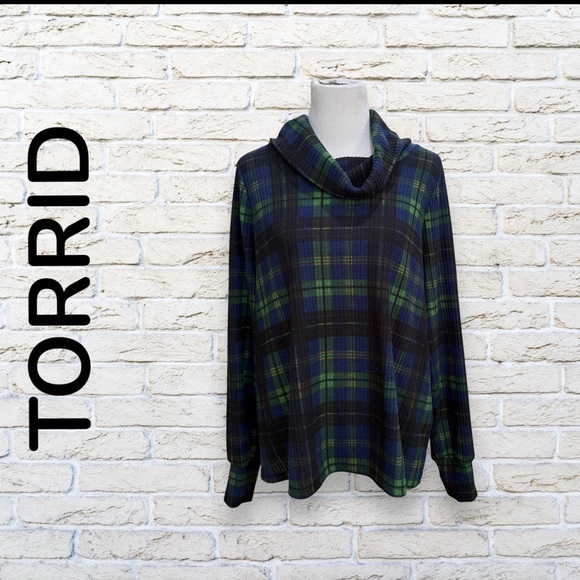 Torrid Blue and Green Plaid Cowl Neck Top - Picture 1 of 5